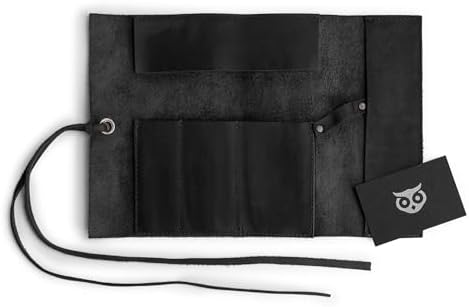 Hide & Drink, Rustic Pencil Roll Pouch, Multi-Purpose Storage Wrap for Scissors, Earphones, Organizer for Craft, Full Grain Leather, Handmade, Charcoal Black