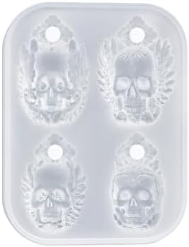 4 Cavity Winged Embossed Skull Pendant Silicone Mold with Hanging Hole, Gothic Epoxy Resin Casting Mould for DIY Necklace Charm Halloween Christmas Jewelry Making (KL03)