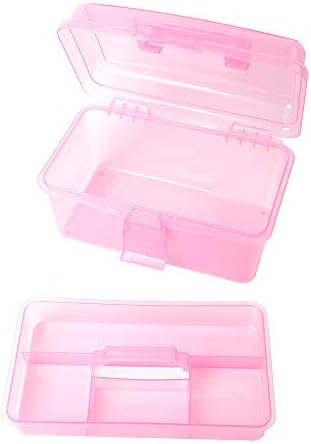 Multipurpose Plastic Storage Container Organizer Box Case with Removable Tray and Handle for Art, Craft, Sewing Supplies, Clear&Pink