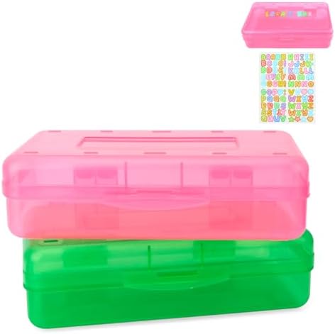 Pink and Green Pencil Box, Clear Case, Large Capacity Hard Stackable Storage for Girls, 2 Pack
