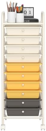 Storage Cart, Rolling Utility Cart with 10 Drawers, Portable Handles & Lockable Wheels, Mobile Paper Toys Storage Organizer Large Capacity for Home Office School Teacher (Yellow)