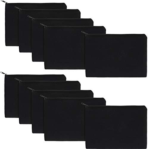 Gejoy 10 Pack Blank Canvas Cosmetic Bags Zipper Pouch DIY,M,Black
