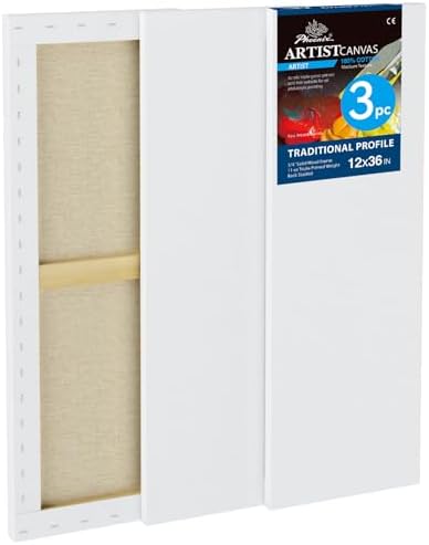 PHOENIX 12x36 Inch 3 Pack Artist Canvas - Large Skinny Stretched Canvases for Painting - 3/4 Inch Profile, 100% Cotton 11 Oz. Gesso Primed White Blank Professional Canvas Oil & Acrylic Paints