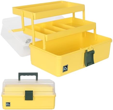 WEWLINE 13-Inch Art Box Sewing Storage Organizer 3-Layers Craft Storage Organizer with Handle Plastic Storage Boxes Organizers for Kids Student Artist,Yellow