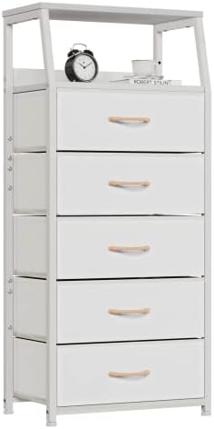 Furnulem White Tall Dresser for Bedroom, 5 Fabric Bins Tall Nightstand