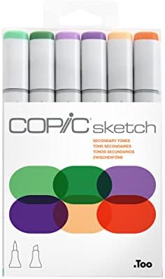 Copic Sketch Alcohol Markers, 6 Color Dual Tip Art Marker Set – Blendable Brush Tips for Drawing, Sketching, and Illustration – Professional Set for Adults/Teen Artists & Creators - Secondary Tones