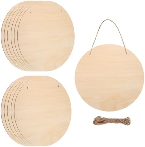 MECCANIXITY Unfinished Hanging Wood Sign Blank with Ropes 9"x9" Unfinished Wood Crafts Boards Wooden Plaques for Crafts DIY Painting Burning Carving Door Wall Decoration, Style 10, Pack of 12