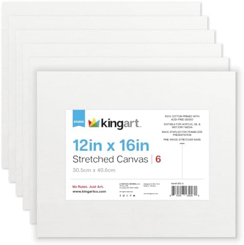 KINGART 805-6 Stretched White Canvas for Painting, 12 x 16 Inch, Pack of 6