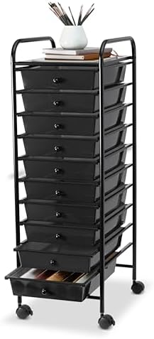 Simply Tidy 10 Drawer Matte Black Rolling Cart - Mobile Organizer with Removable Drawers, Swivel & Locking Casters, Durable Tubular Frame - 1 Set