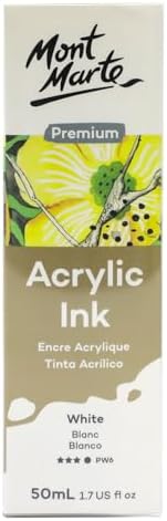 Mont Marte Acrylic Ink Premium 50ml - White, Acrylic Inks for Artists, Fluoro Colors, Ideal for Air Brush, Pouring Art, Scrapbooking, Ink Drawing, Mixed Media