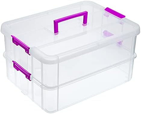 JUXYES 2-Tiers Plastic Stack Carry Storage Containers Box wih Handle Lids