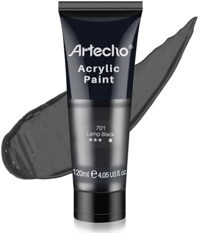 Artecho Black Acrylic Paint, Lamp Black Paint (120ml / 4.05oz) Tubes, Art Craft Paints for Canvas, Rock, Stone, Wood, Fabric, Art Supplies | Semi Glossy Finish, High Pigment Rich Color Craft Paint for Canvas, Rocks, Wood, Fabric, Ceramic, Non-Toxic