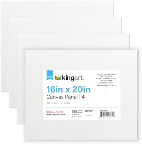 KINGART White Canvas Panel Set – Rectangle, 16x20 Inch, 4-Pack – 100% Cotton, Pre-Primed Gesso Artist Boards for Acrylic, Oil, Sketching, & Mixed Media Painting