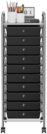 Storage Cart, Rolling Utility Cart with 10 Drawers, Portable Handles & Lockable Wheels, Mobile Paper Toys Storage Organizer Large Capacity for Home Office School Teacher (Black)