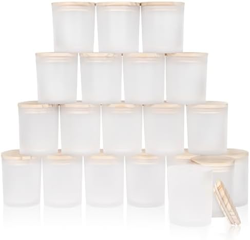 SHOWIN Thick Candle Jars for Making Candles 20 Pcs,10 OZ Empty Jars with Wood Lids for Candle Making, Sample Container, Frosted White