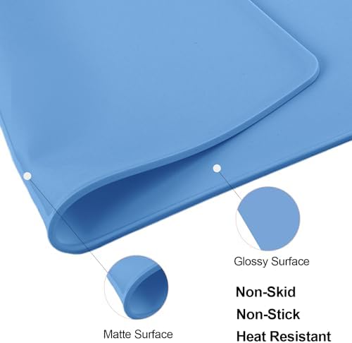 Standard Silicone Table Placemat-Food Grade Kids Dinner Placemat Reusable Countertop Mats Dough Pad with Raised Edges Blue Silicone Mat Heat Resistant for Air Fryer (1Pack 23.6'' x 15.7'')