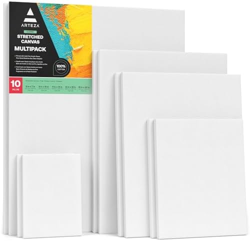 ARTEZA Stretched Canvas, 5 x 7, 8 x 10, 11 x 14, 12 x 16, 16 x 20 Inches, Multipack of 10, Blank White Canvas for Acrylic, Oil and Gouache Painting | Stretched Cotton Surface, Pinewood Bars, 8 oz Acid-Free Acrylic Gesso, For Oil, Watercolor, Acrylic, T...