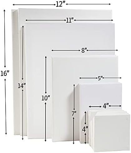 iDIY Stretched Canvas Board Multi Pack (Set of 14) - Sizes 4 x 4-12 x 16, 5/8" Variety Pack - Classic White Blank, Pre Primed for Oils or Acrylics, 100% Cotton, Acid Free - Professional Grade