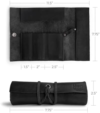Hide & Drink, Rustic Pencil Roll Pouch, Multi-Purpose Storage Wrap for Scissors, Earphones, Organizer for Craft, Full Grain Leather, Handmade, Charcoal Black
