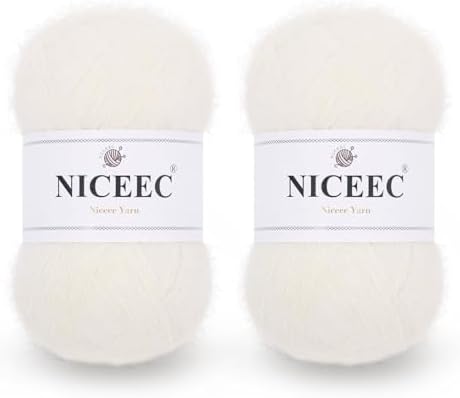 NICEEC 2 Skeins Long Pile Mohair Yarn 2.82oz/788yds - White