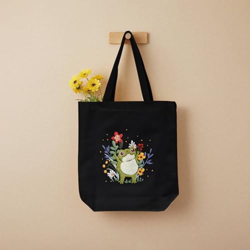 ERKOON Canvas Tote Bag Embroidery Kit for Beginners, Needlepoint Arts Crafts Cross Stitch Kits for Adults Including Stamped Embroidery Bag with Hoops, Needle, Instruction and Color Threads (Frog)