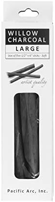 Pacific Arc Large Vine Charcoal Stick 5/Pkg, Soft, Black, Thick Willow Charcoal for Sketching and Drawing