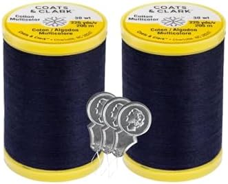 Coats & Clark Cotton All Purpose Sewing Thread 100% Mercerized Cotton 225 Yards Each Spool S970 2 Pack Bundle with 3 Bella's Crafts Needle Threaders (Navy)