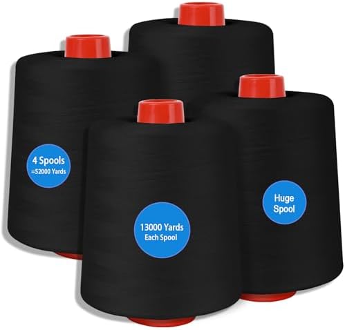 Black Sewing Thread, Serger Thread Cones 4 Pack, 40S/2-52000 Yards Black
