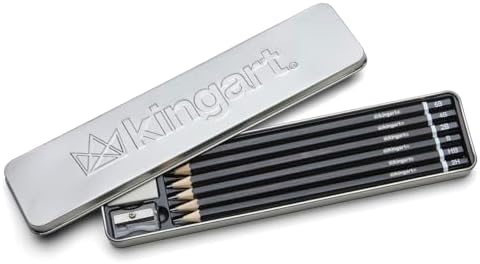 KINGART 9-Piece Essential Sketching & Drawing Pencil Set with Metal Storage Tin – Includes 6 Graphite Pencils (2H to 6B), Sharpener, and Eraser