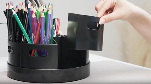Black Rotating Desk Organizer with Dividers Lazy Susan Caddies for Home School Office Supplies, Pens, Markers and Art Supplies for Classroom