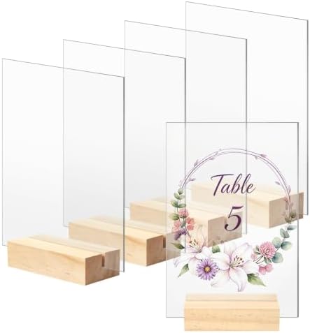 Bercoor 5 Pack 4x6 Inch Blank Clear Acrylic Sign with Wooden Stands, Rectangle Top Acrylic Sheet, DIY Acrylic Rectangle Table Numbers for DIY Name Card Gifts Event Party Sign Decoration