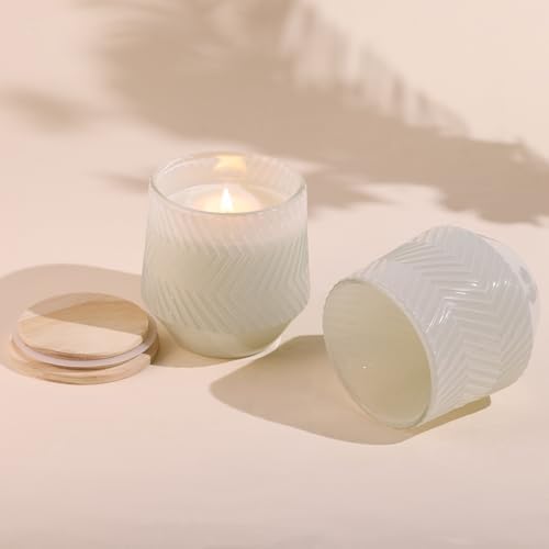 6 Pcs 13.5 OZ Creamy Large Candle Jars for Making Candles, Ribbed Unique Candle Jars, Glass Jars with Wooden Lids and Labels for Candle Making Supplies, Container, Home Decor, Gift