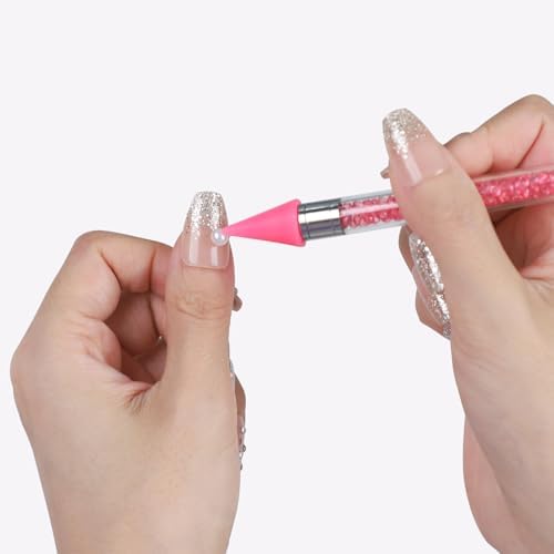 Rhinestone Picker Tool,2 Wax Pencil for Rhinestones, Dual-Ended Rhinestone Applicator Wax Pen Gem Picker Tool with 6 Extra Wax Tips and 2 Tweezers (Pink+White)