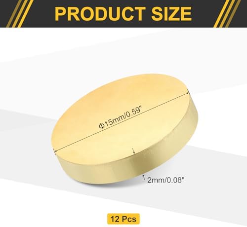 uxcell 12Pcs Brass Round Plate, 0.08"(2mm) Thick 0.6"(15mm) Dia H65 Brass Round Disc Blank Metal Sheet Copper Circle Disc for Metal Stamping DIY Crafts