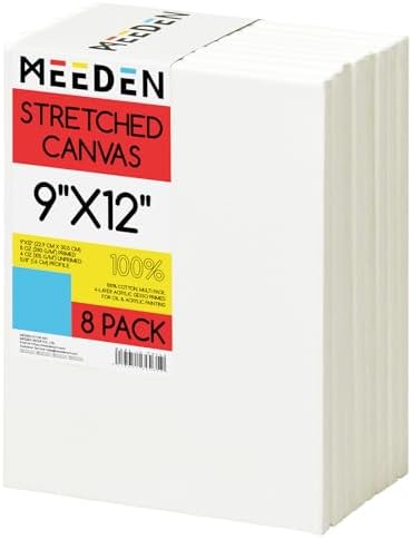 MEEDEN Stretched Canvas, 9 × 12 Inch, Pack of 8, Blank White Canvases for Painting, 100% Cotton, 10 oz Gesso-Primed, Pre-Stretched Canvas for Acrylic Oil Pouring & Airbrushing Painting