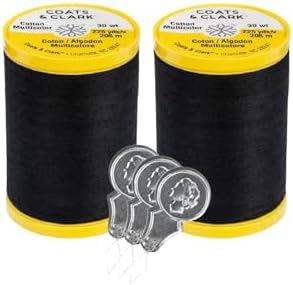 Coats & Clark Cotton All Purpose Sewing Thread 100% Mercerized Cotton 225 Yards Each Spool S970 2 Pack Bundle with 3 Bella's Crafts Needle Threaders (Black)