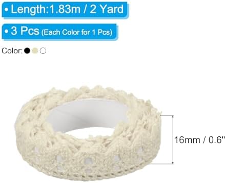PATIKIL 0.6" Wide 2 Yards Self-Adhesive Lace Tape Lace Ribbon, 3 Pack Cotton Washi Trim Stickers Masking for Craft DIY Card Making, Beige/White/Black