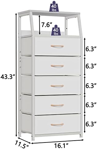 Furnulem White Tall Dresser for Bedroom, 5 Fabric Bins Tall Nightstand