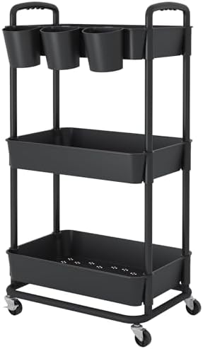 JIUYOTREE 3-Tier Plastic Rolling Storage Cart Utility Cart Black