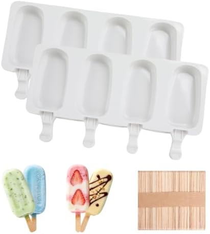 Popsicles Molds, 2Pcs Homemade Cake Pop Molds with Wooden Popsicles Sticks, Reusable Silicone Ice Pop Cream Cakesicle Maker Mold 4 Cavities for Home DIY Craft, White