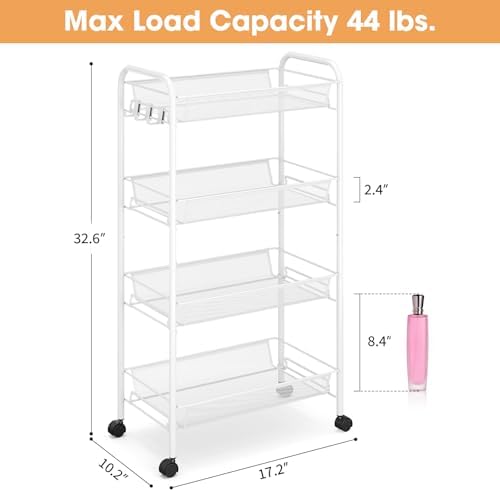 TOOLF 4 Tier Rolling Cart, Metal Utility Storage Cart with Wheels, White | 3 Hooks, Screwless Assembly, Trolley Organizer for Bathroom, Kitchen, Office, Nursery, Dorm, Laundry Room