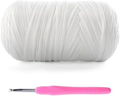 Tshirt Yarn for Crochet - 400 g/130 yds T Shirt Yarn for Crocheting Bags/Baskets/Home Decor - Soft Elastic Fabric T-Shirt Yarn with 1 Crochet Hook (1, White)