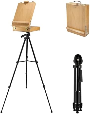 French Style Easel with Beech Wood & Aluminum Tripod | Light Weight Plein Air Easel- Adjustable Sketch box Tripod for Outdoor & Studio Painting, Sketching