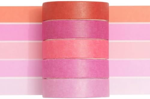 Solid Color Washi Tape Set - 5 Rolls Gradient Rainbow Adhesive Tapes Pastel Arts Decorative Masking Tape Sets for Craft, Kids, Scrapbook, DIY, Gift Wrapping (1-Rose Sunset)