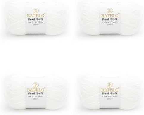 Thin Chenille Yarn for Crocheting & Knitting, Soft Plush Yarn for DIY Crafts, Amigurumi, Home Decor - 3 Light - 4 Pack of 1.7oz/142yds - White