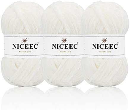 NICEEC 3 Skeins Soft Chenille Yarn 3 x85m (3X 93yds, 3X 50g)_Cream White