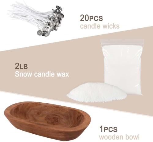 Wfmolcand 2 lb Natural Pearl Wax Sand DIY Set with Wooden Bowl & 20 Wicks, Unscented Aroma Beads, Reusable Pearled Candle Wax for DIY Home Kit, Powder Beads Refill Available