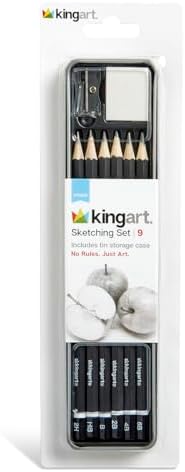 KINGART 9-Piece Essential Sketching & Drawing Pencil Set with Metal Storage Tin – Includes 6 Graphite Pencils (2H to 6B), Sharpener, and Eraser