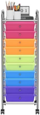 Storage Cart, Rolling Utility Cart with 10 Drawers, Portable Handles & Lockable Wheels, Mobile Paper Toys Storage Organizer Large Capacity for Home Office School Teacher (Rainbow)