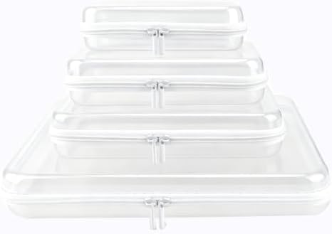 YOPCDJ Clear Hard Shell Zipper Case, Clear Zipper Pouches Waterproof Makeup Organizer & Travel Toiletry Storage Bag, Plastic Pouch for Office, Home, White, 4Pack XL+L+M+S